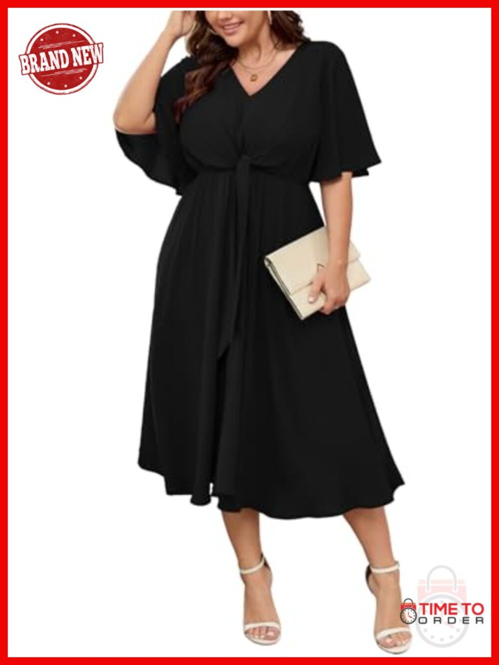 Plus Size Midi Dress V-Neck Tie Waist Short Sleeve A-Line Casual